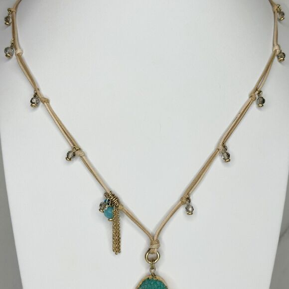 Chico's Gold Beaded Cord Turquoise Druzy Tassel Necklace ✨ - Picture 3 of 14